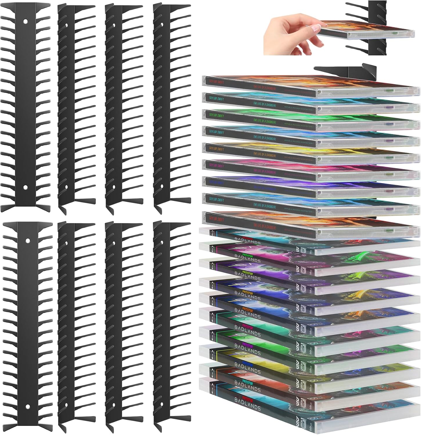 81QStX6Fw5L._AC_SL1500_.jpg 8 Pack DVD Shelf for Wall Mount, Floating Metal DVD Rack and Video Game Storage for Standard DVD CD Cases, Heavy-Duty Media Organizer Holder for PS, Xbox, PS5, PS4, Holds up to 152 - Image 1