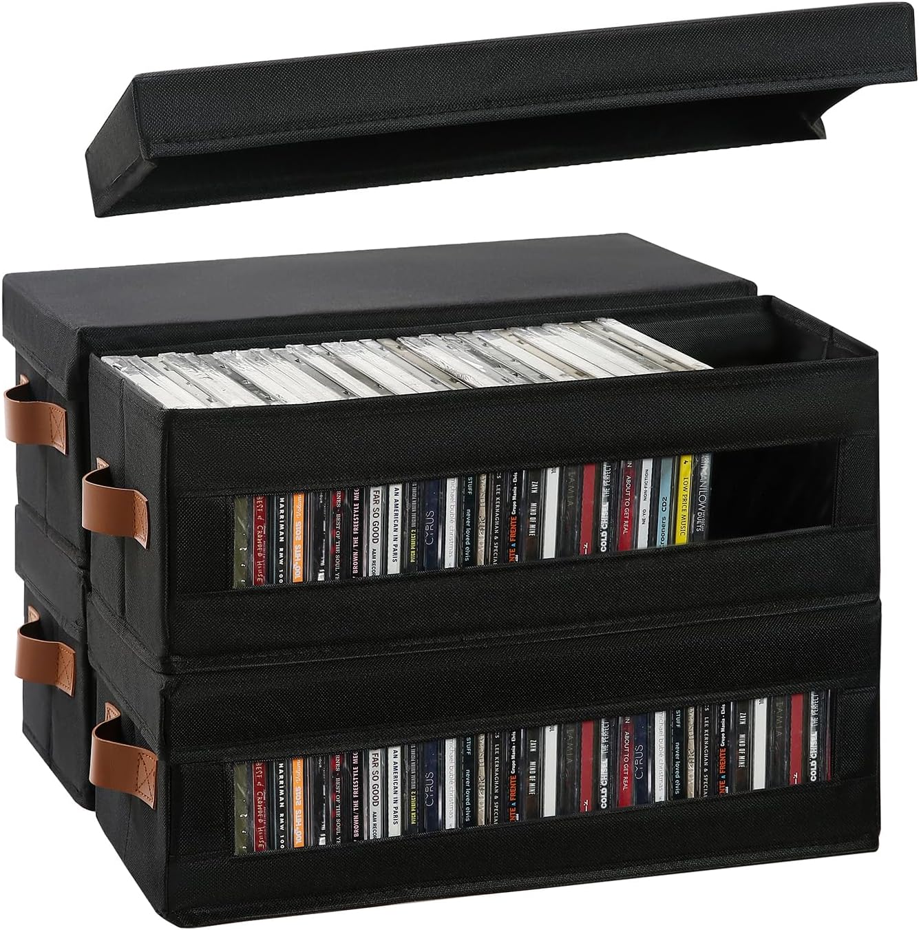 81TaDySYH1L._AC_SL1500_.jpg 4 Packs CD Storage Box with Visible Window, Stackable CD Case Holder with Dustproof Lid and Handles, Holds Up to 148 CDs in Full Jewel Cases-15.75 x 6.10 x 5.31 Inches-Black - Image 1