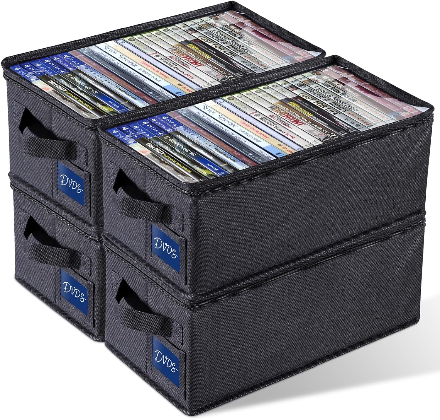 81Wt0CYAukL._AC_SL1500_.jpg CCidea 4 Pack DVD Storage Box with Clear Window, DVD Case Organizer with Zipper Closure, Foldable Stackable Media Storage for DVDs, Blu-ray, Video Games - Holds 27+ Standard Cases 15.75" x 8.1" x 6.3" - Image 1