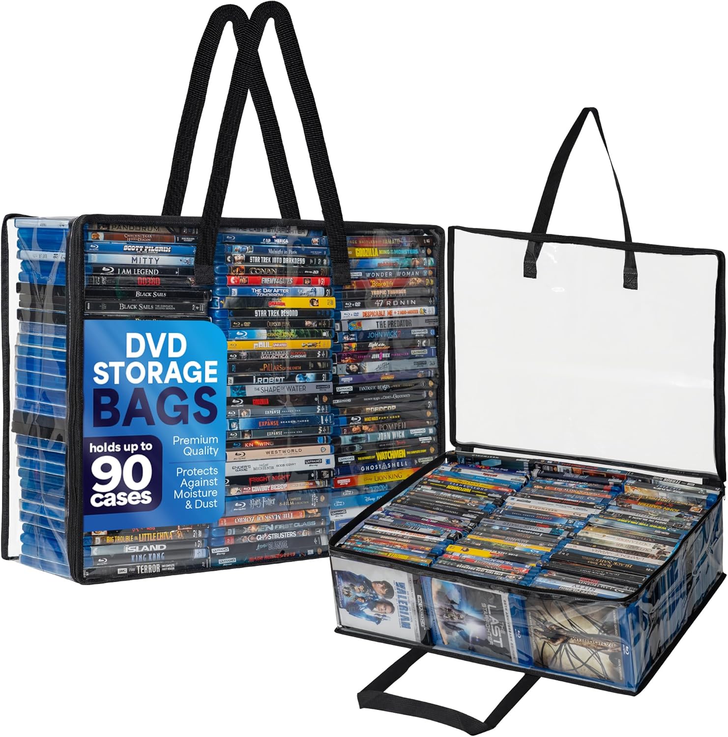 81f5Mpx6OpL._AC_SL1500_.jpg Besti Blu Ray Case Holder Organizer, Set of 2 Clear Plastic Bags with Handles for Storing Blurays, DVDs, CDs, Storage Bags for Video Game Cases, Holds Up To 90 Bluray and 60 DVD Cases (Black) - Image 1