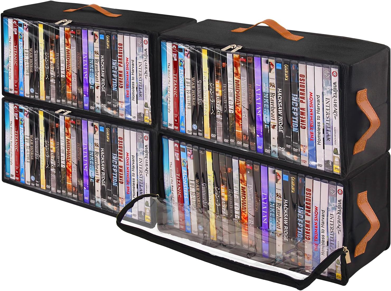81lDktB3AaL._AC_SL1500_.jpg 4 Pack DVD Storage Box, Stackable Oxford Fabric DVD Cases Holder with Front Zippered Clear Window and Handles, 15.7 x 7.9 x 6.1 In, Foldable DVD Organizer Rack, Holds Up to 100 DVDs (25 Each) - Image 1