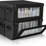 4 Pack DVD Storage Box with Lid, Stackable DVD Organizer Bin with Clear Window, Collapsible Media Storage Case with Handles, Front and Top Access for DVD, Movies, Games, Black