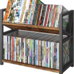 ELITEROO 2-Tier CD Holder, Wooden DVD Storage Rack for Display, Tilting CD Shelf Holds Up to Standard CDs 80 Cases or DVDs 56 cases, Retro Desk DVD Organizer Tower for Music Enthusiasts, Rustic Brown