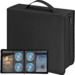 CD DVD Storage Binder with Handles - Holds 200 Discs & 100 Booklet Pockets, PU Leather Cover for Blu-ray Movies, Music CDs, Audio Disks, Portable Media Organizer