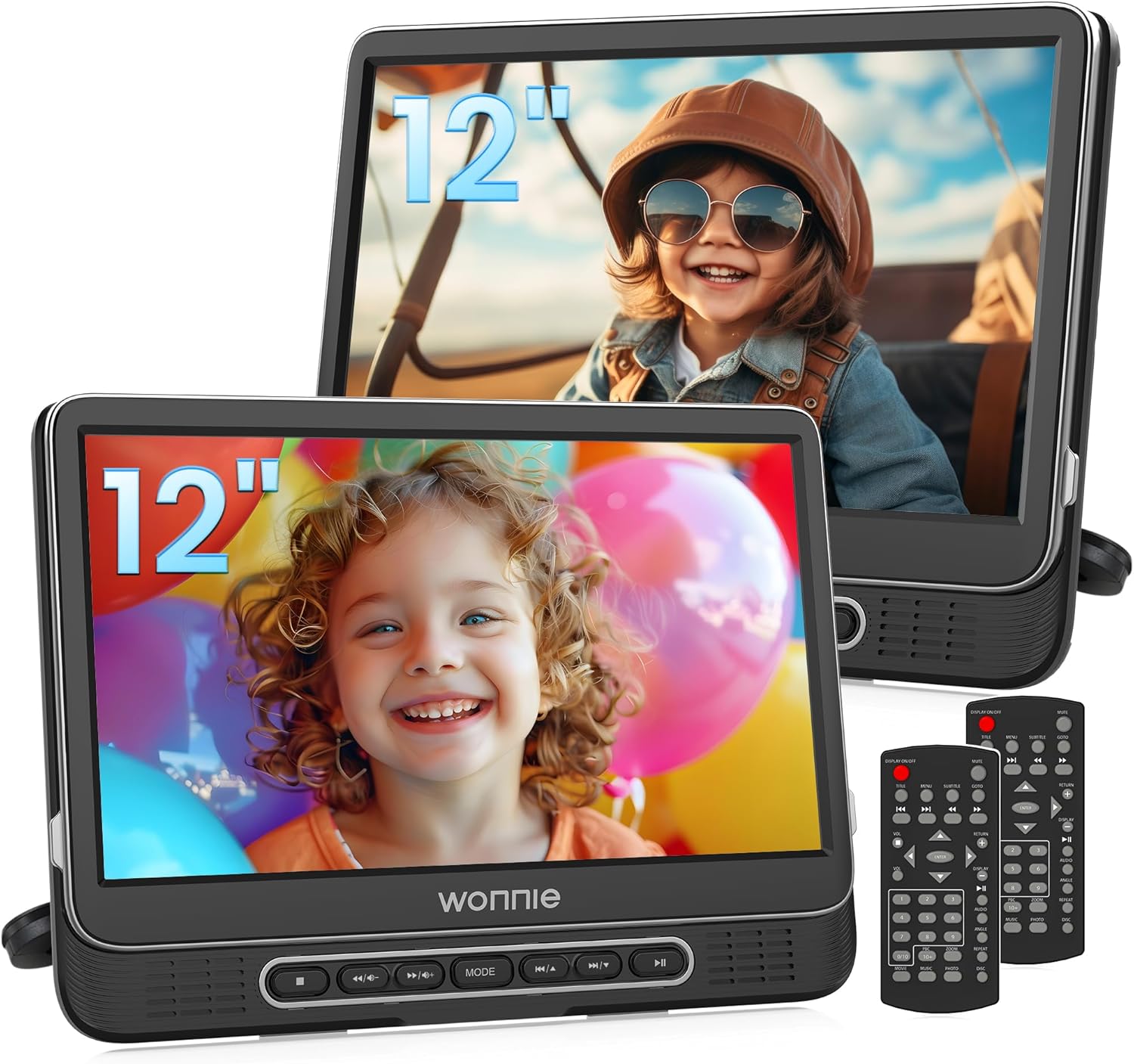 81yxiukE2ML._AC_SL1500_.jpg WONNIE 12" Dual Car DVD Players Portable DVD Players for Car Headrest Play a Same or Two Different Movies with 5-Hour Rechargeable Battery, Mounting Brackets, All Region, Support USB/Sync TV - Image 1