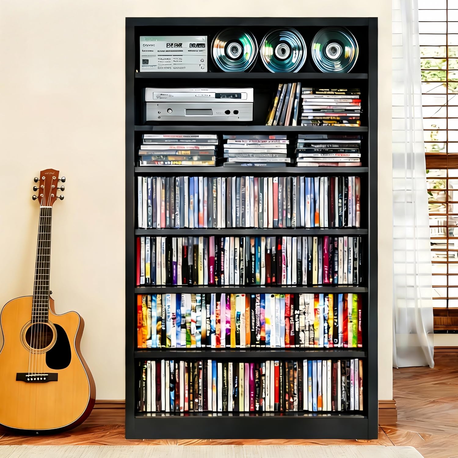 91InjBUa9fL._AC_SL1500_.jpg Metal DVD Storage Cabinet, 7 Tier Tall Media Storage Shelf with Adjustable Shelves, Freestanding CD & DVD Rack Tower Bookshelf for Living Room, Home Entertainment,Black - Image 1
