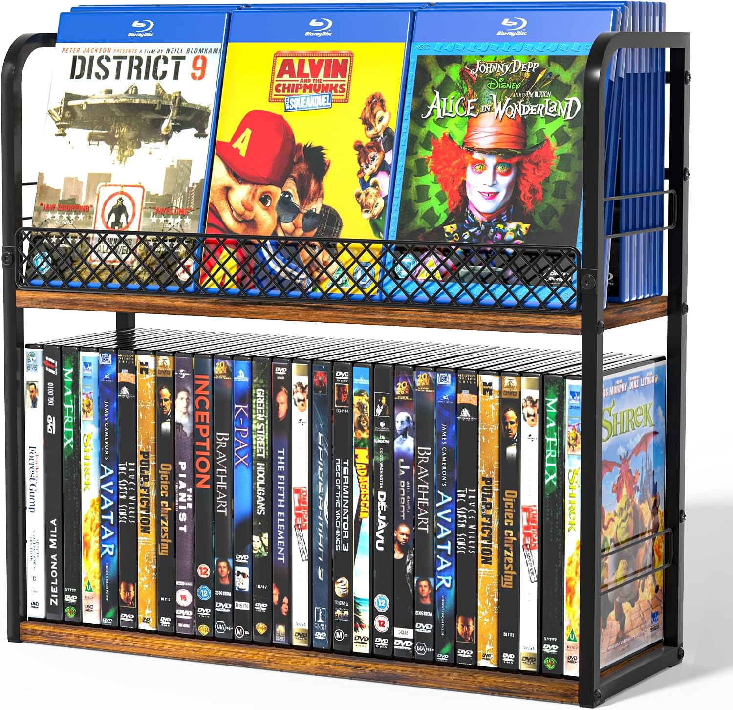 91LHohORu9L._AC_SL1500_.jpg Alyoen 2-Tier DVD Storage Rack, DVD Shelf, DVD Holder Organizer with Display Top Shelf & Non-slip Pads, Stores Up to 56 DVDs, Retro DVD Stand Tower for Music Enthusiasts, Collection - Image 1