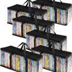 Stock Your Home DVD Storage Bags (Set of 6) Media Organizer Bag for DVDs, CDs, Blu Ray Disc, Movie Cases, VHS Box, Video Game Disks, Clear Plastic Holders with Carrying Handles and Zipper - Black