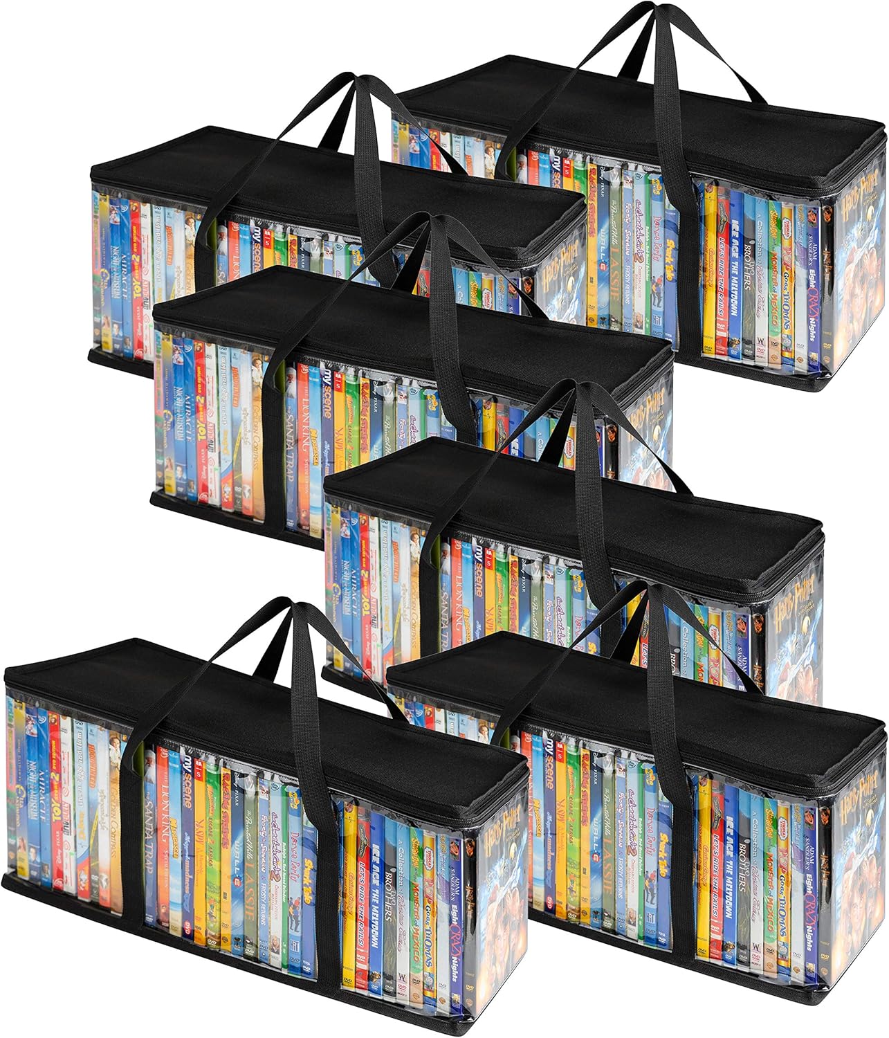 91UdhRMbfJL._AC_SL1500_.jpg Stock Your Home DVD Storage Bags (Set of 6) Media Organizer Bag for DVDs, CDs, Blu Ray Disc, Movie Cases, VHS Box, Video Game Disks, Clear Plastic Holders with Carrying Handles and Zipper - Black - Image 1