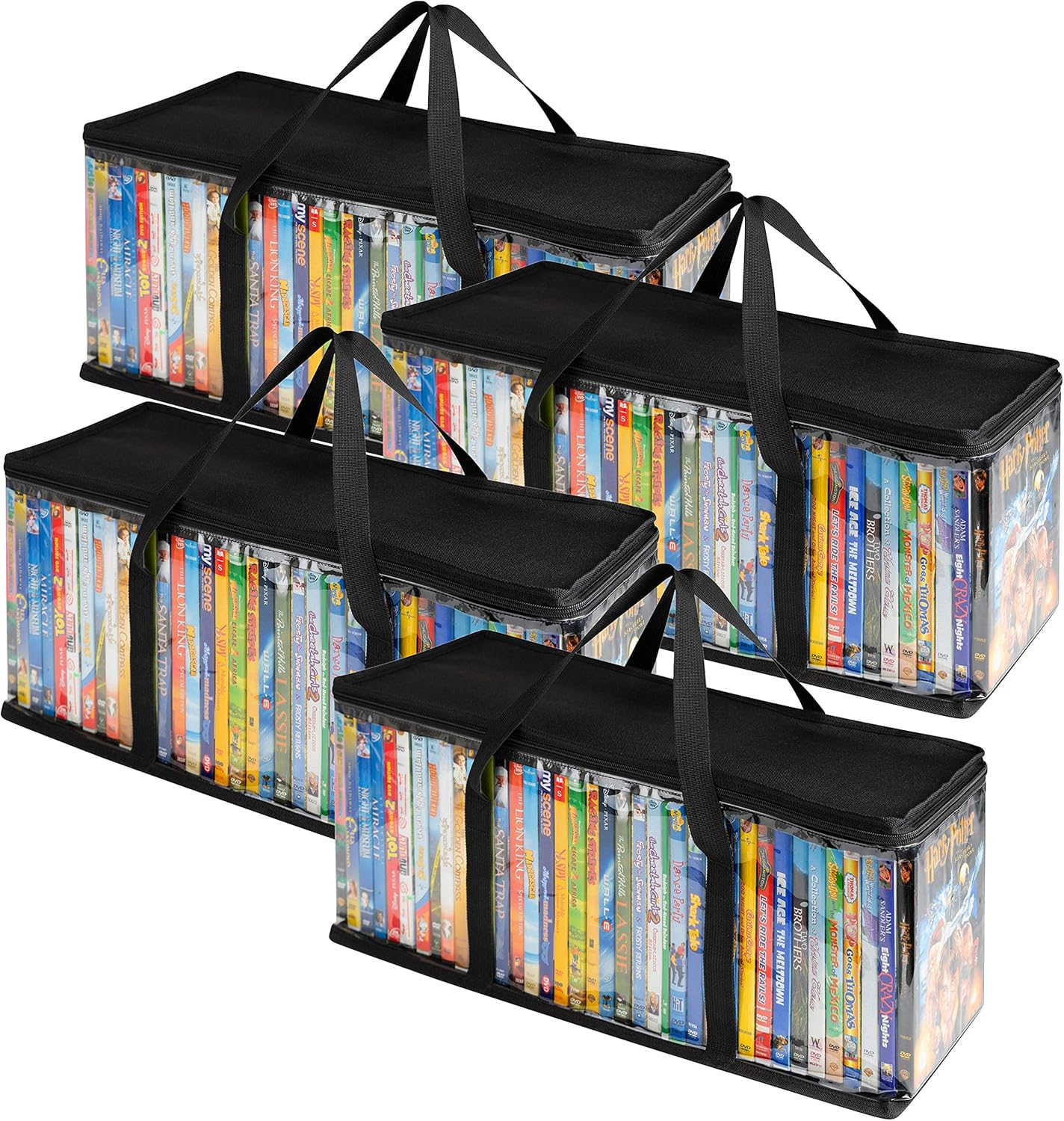 91lKBhyCEfL._AC_SL1500_.jpg Stock Your Home DVD Storage Bags (Set of 4) Media Organizer Bag for DVDs, CDs, Blu Ray Disc, Movie Cases, VHS Box, Video Game Disks, Clear Plastic Holders with Carrying Handles and Zipper - Black - Image 1